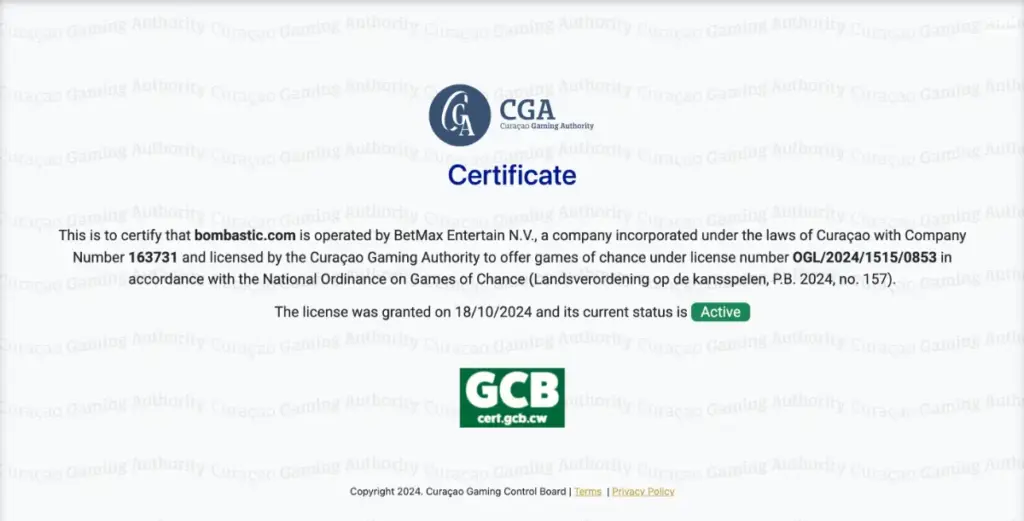 Bombastic casino license