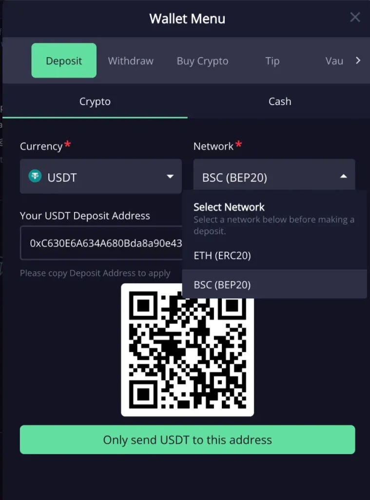 Deuces deposit usdt networks