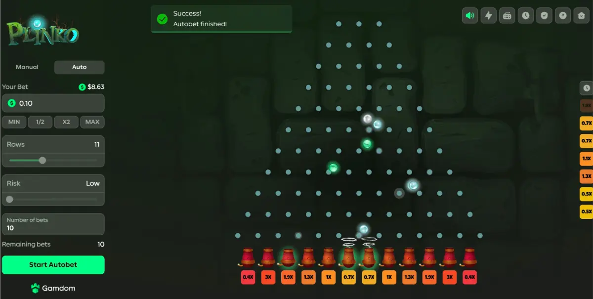 Plinko by Gamdom Originals Auto Bet Desktop