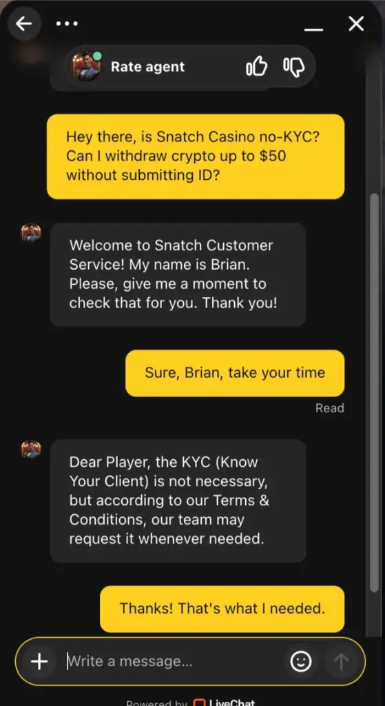 Snatch casino live chat