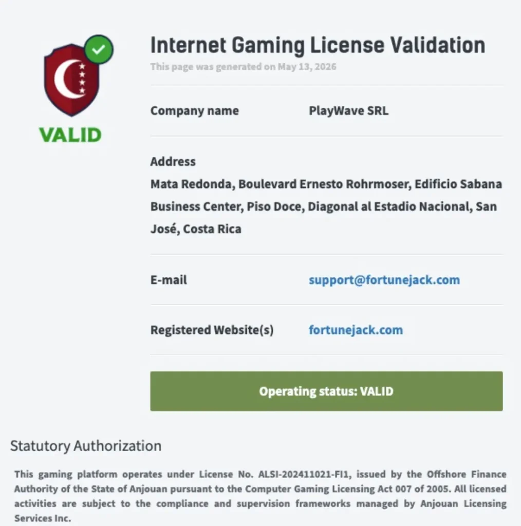fortunejack anjouan license