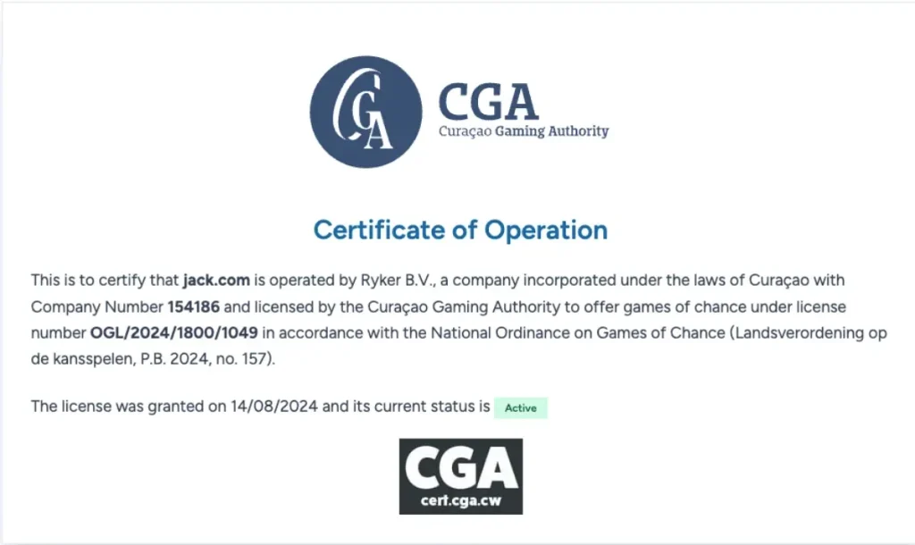 jack.com curacao certificate