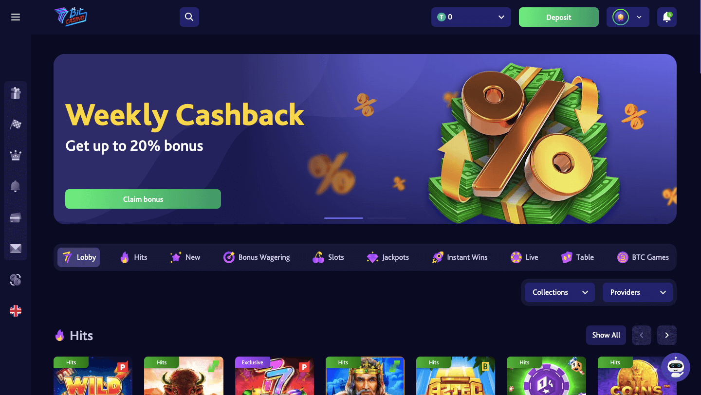 7Bit Casino homepage featuring the weekly cashback deal.