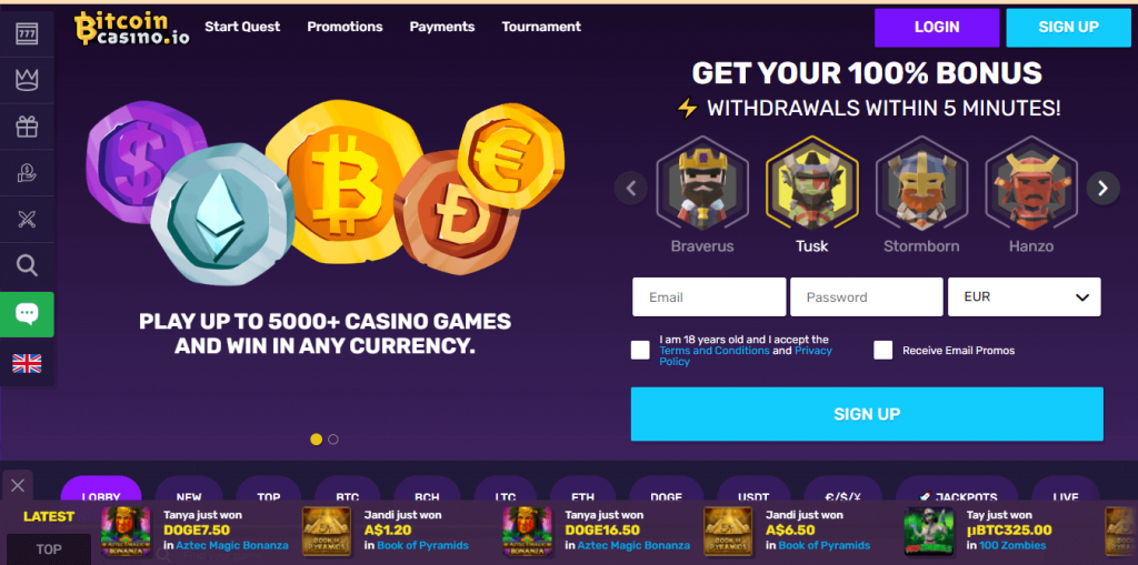 BitcoinCasino.io Homepage