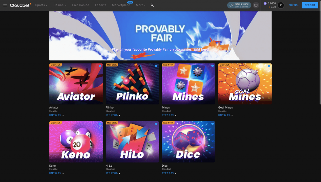 Cloudbet Provably Fair Casino Games Selection