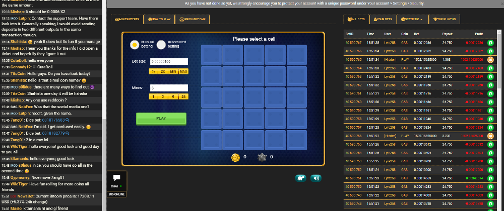 minesweeper game on crypto games with player chat
