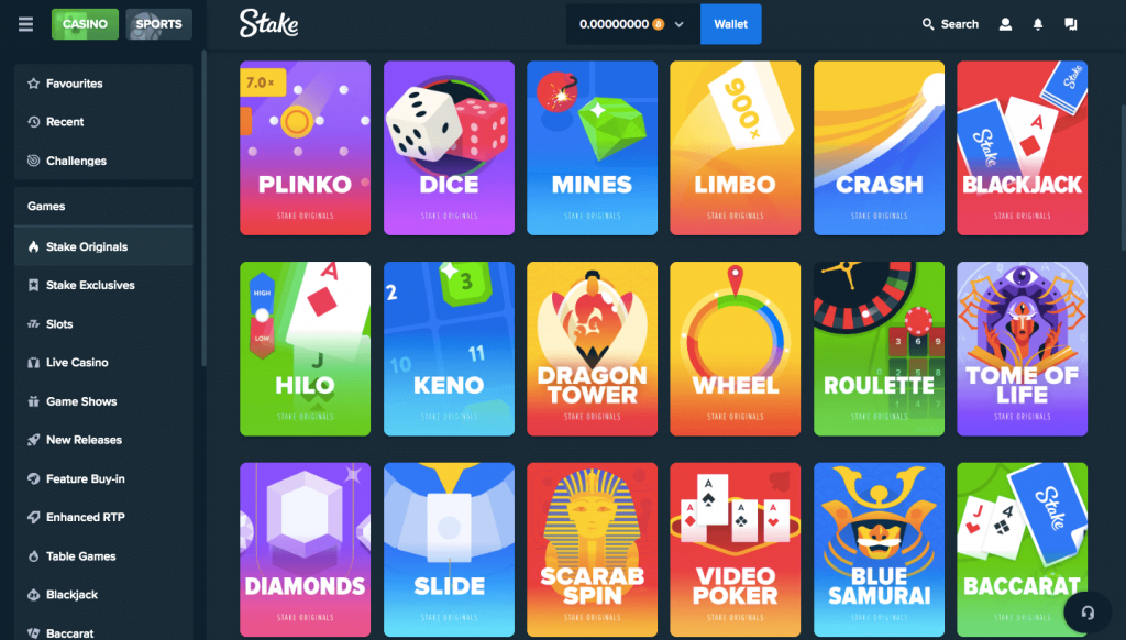 Stake Provably Fair Casino Games Selection