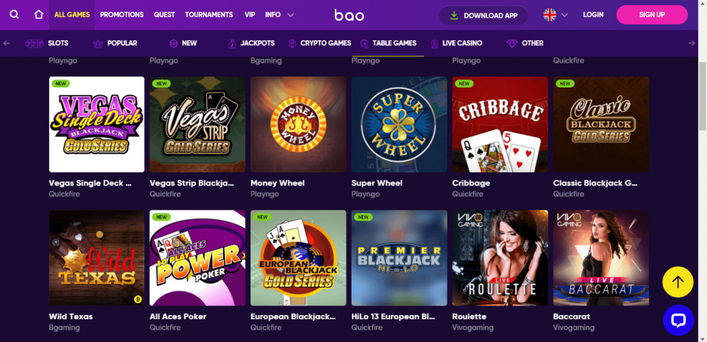 Bao casino table games screenshot
