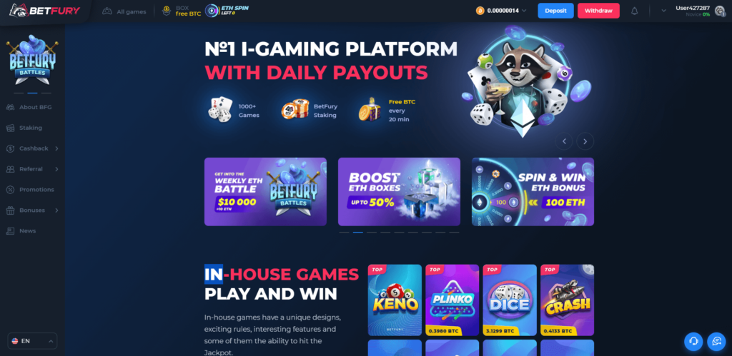 BetFury casino homepage