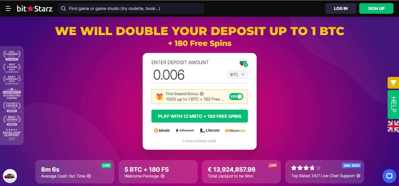 Bitstarz homepage screenshot