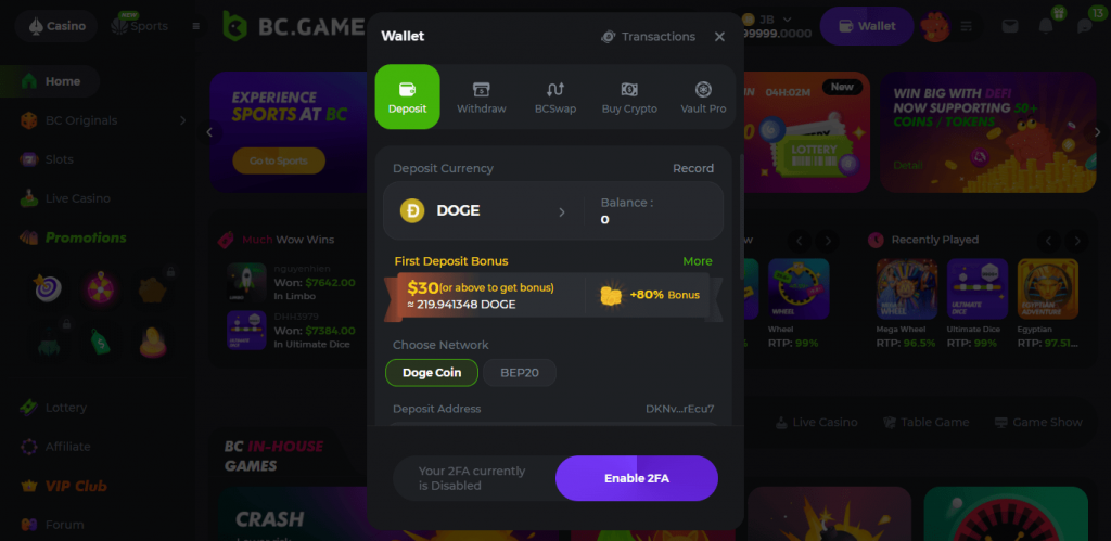 BC.Game Deposit DOGE screenshot