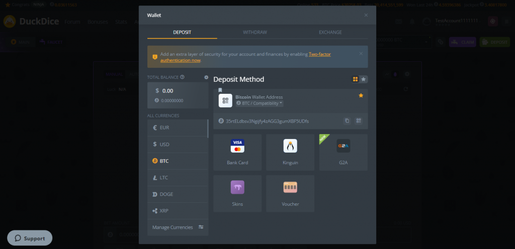Duck Dice Casino Test Screenshot - Deposit Window