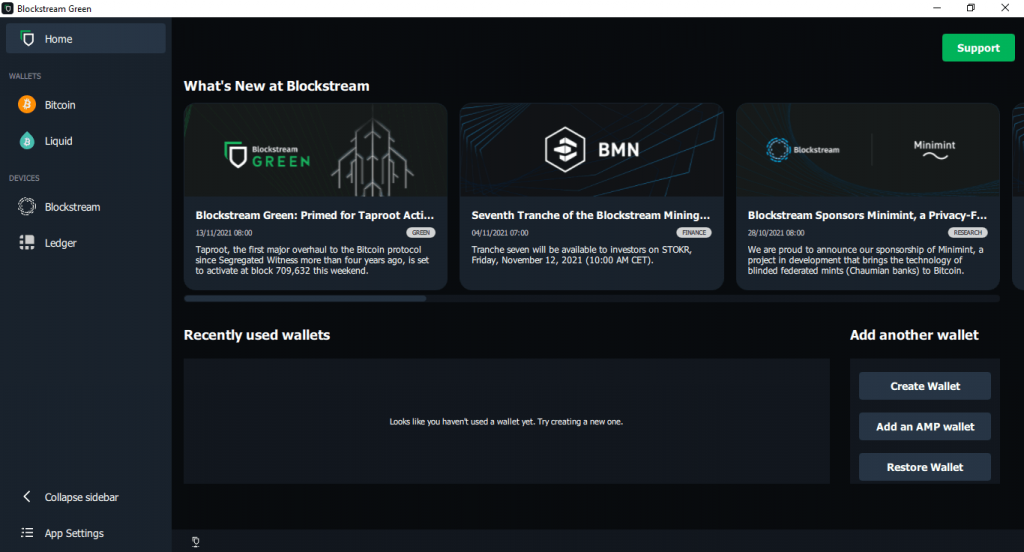 Blockstream wallet screenshot main page