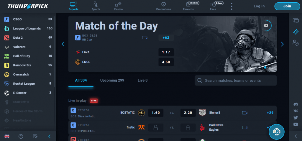 Thunderpick eSports betting section screenshot