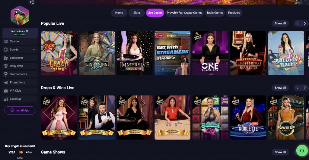 Metaspins Live casino section