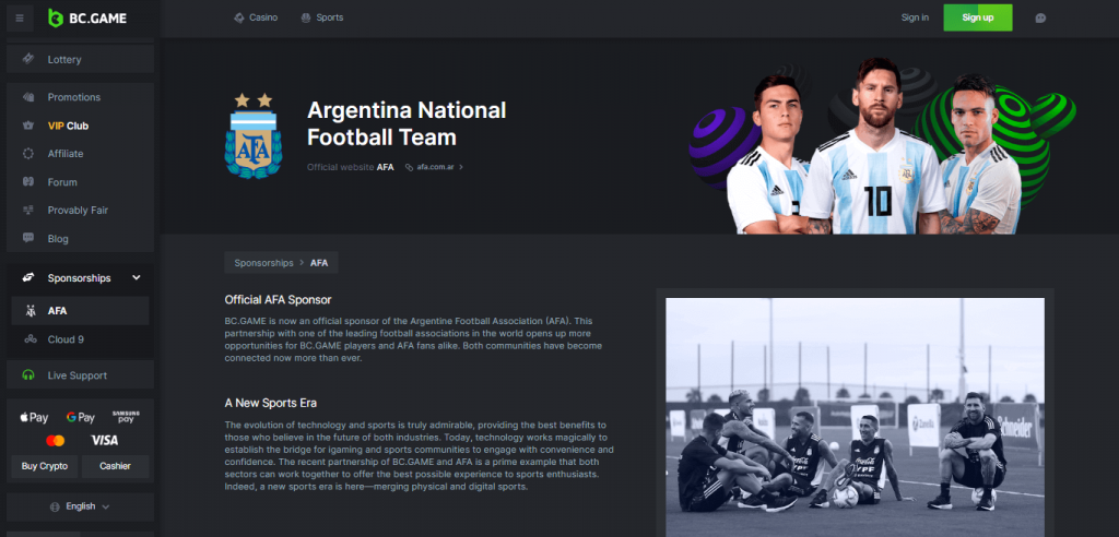 BC.Game Argentine Football Sponsorship Screenshot