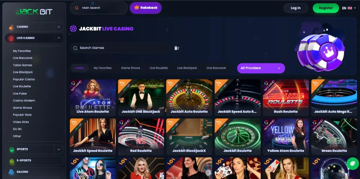 Jackbit live casino page