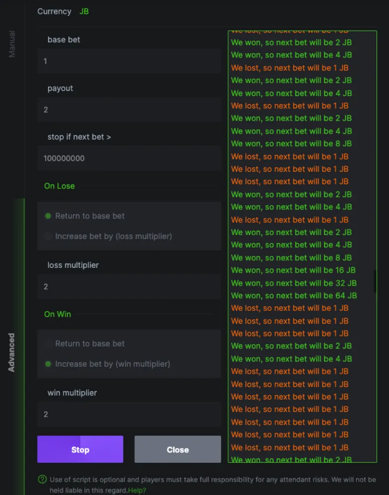 script settings on bc.game casino for anti martingale strategy