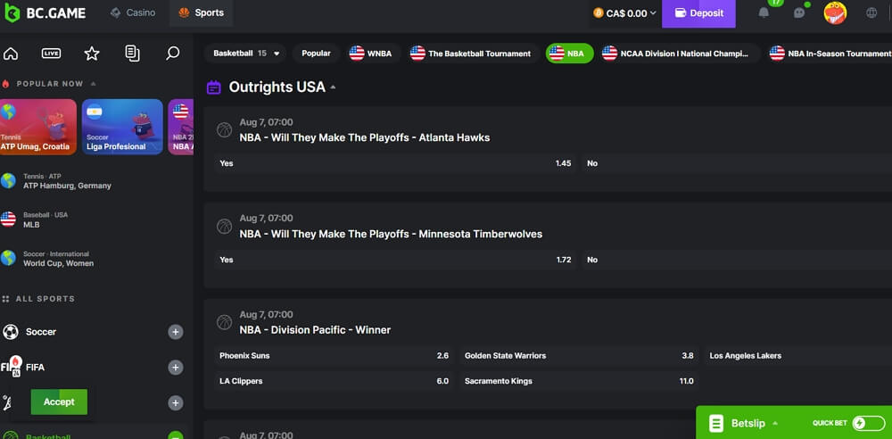 BC.Game NBA crypto sports betting interface