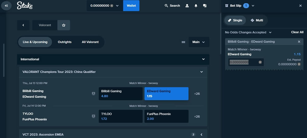 Stake is our #1 choice for Valorant betting with crypto.