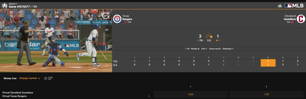 Virtual baseball example from Cloudbet