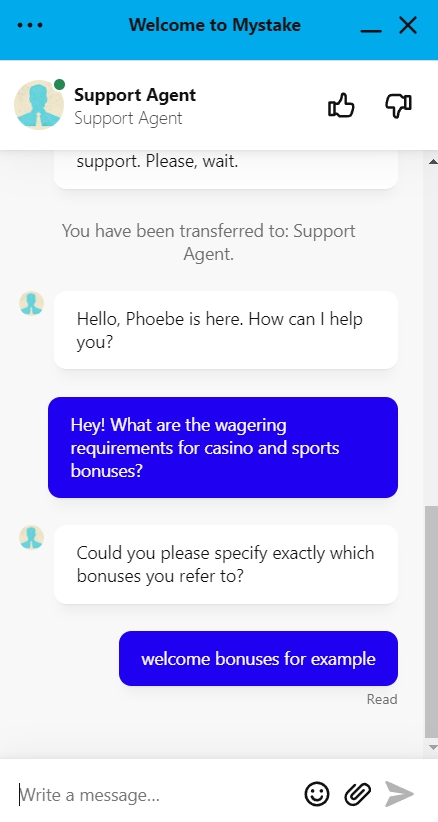 MyStake live chat conversation example