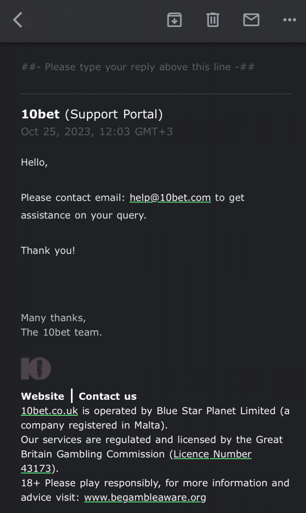 10bet email support