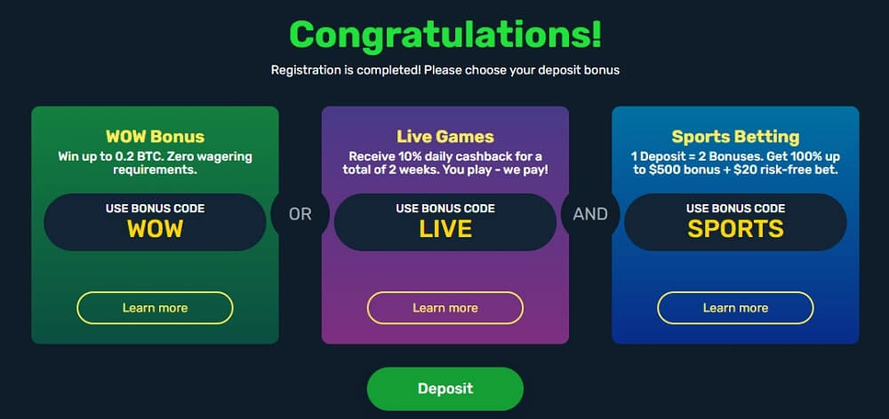 Winz.io offers three welcome deposit bonuses