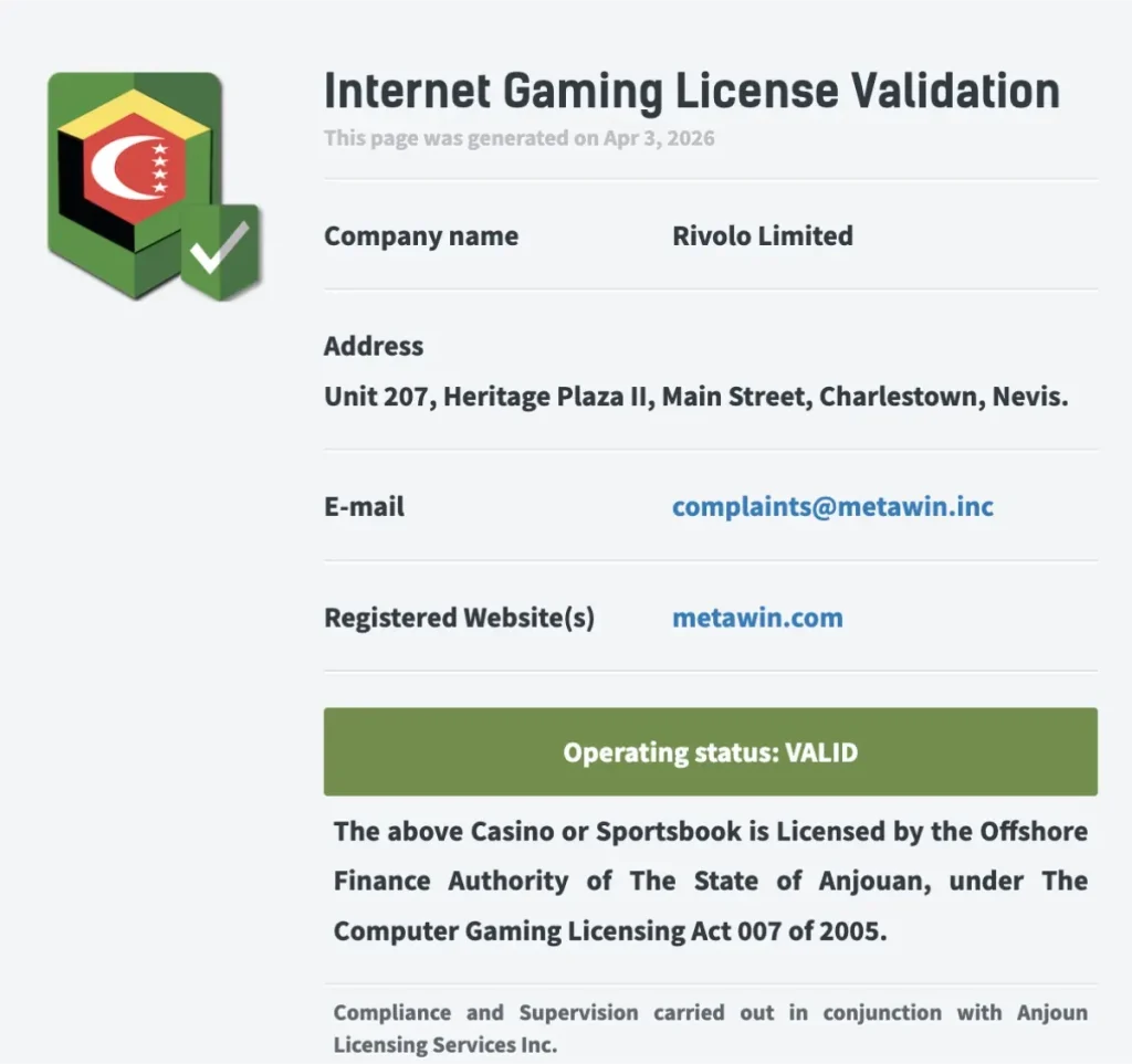metawin license anjouan