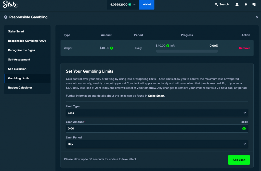 stake loss and wager limits