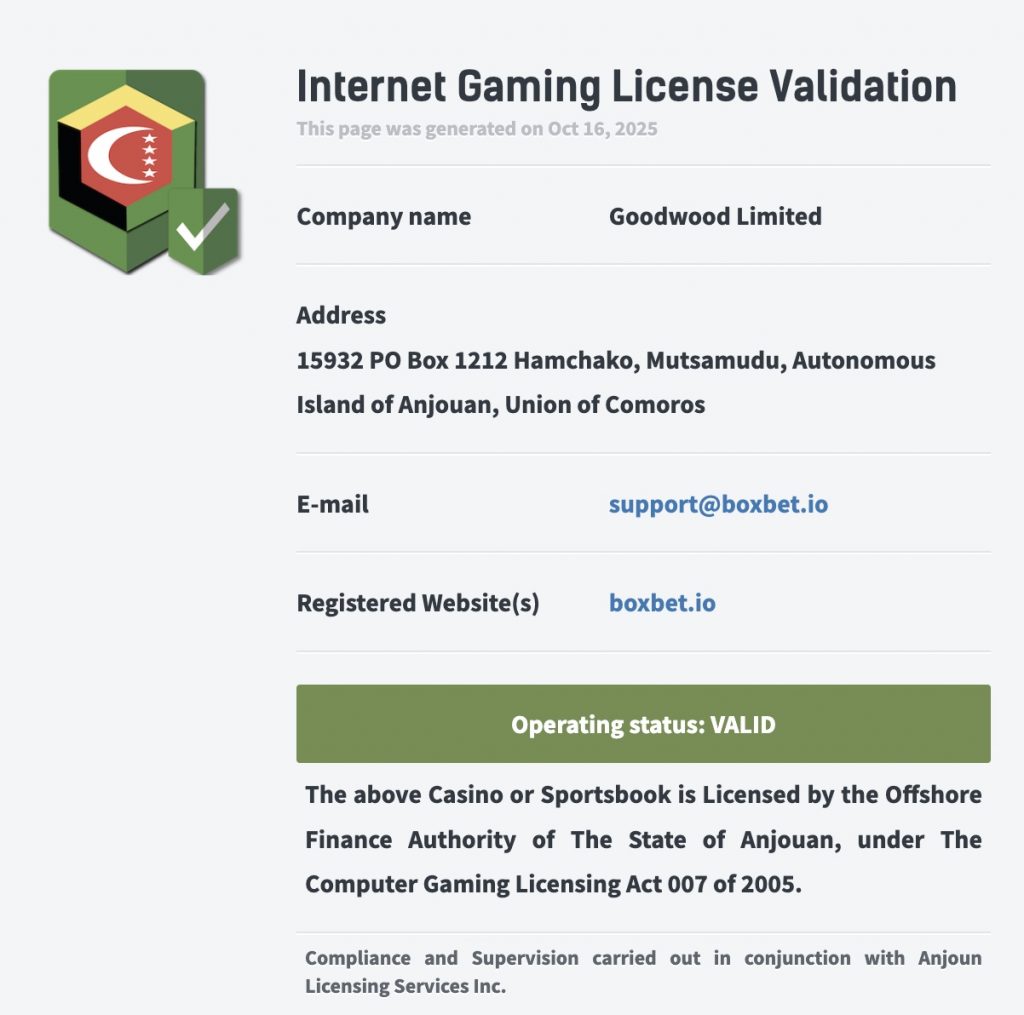 Boxbet casino license