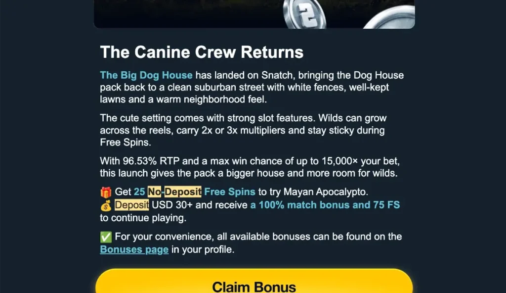 Snatch Casino no deposit bonus