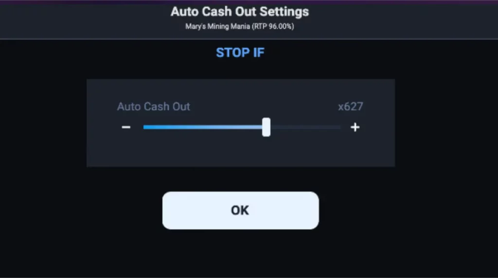 auto cashout menu in the marys mining mania crash game