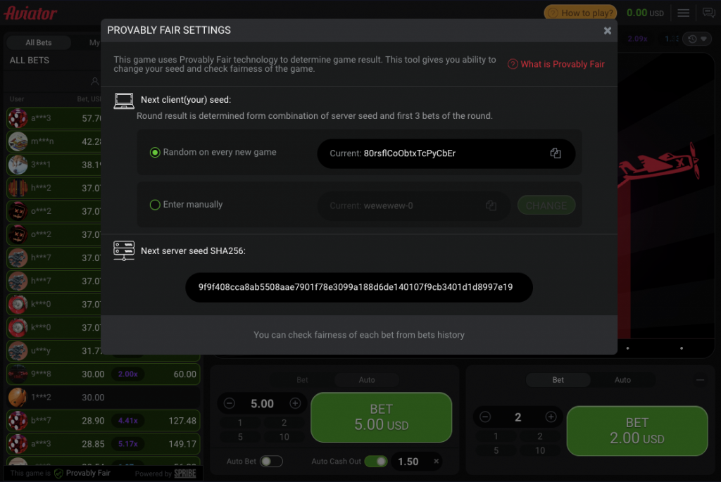 provably fair settings aviator