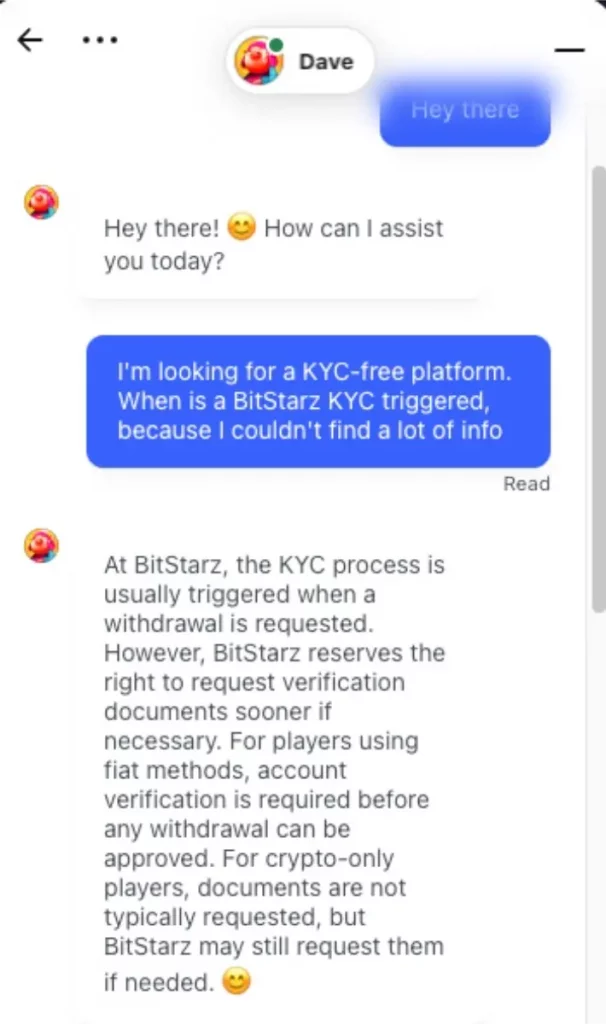 BitStarz live chat agent about KYC
