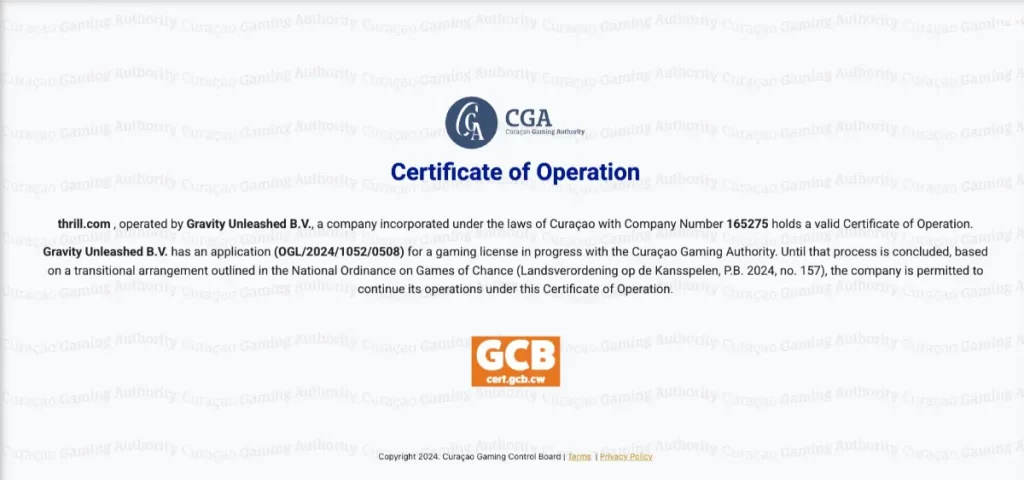 Thrill Casino License, Curacao, Gravity Unleashed B.V.