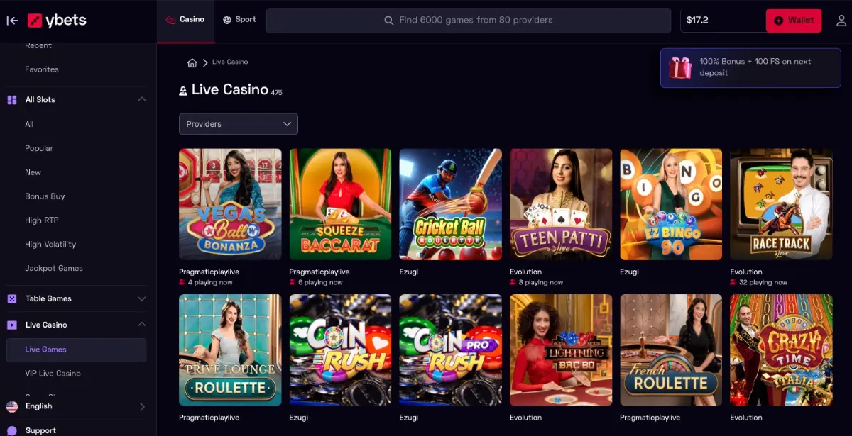 Ybets Live casino preview