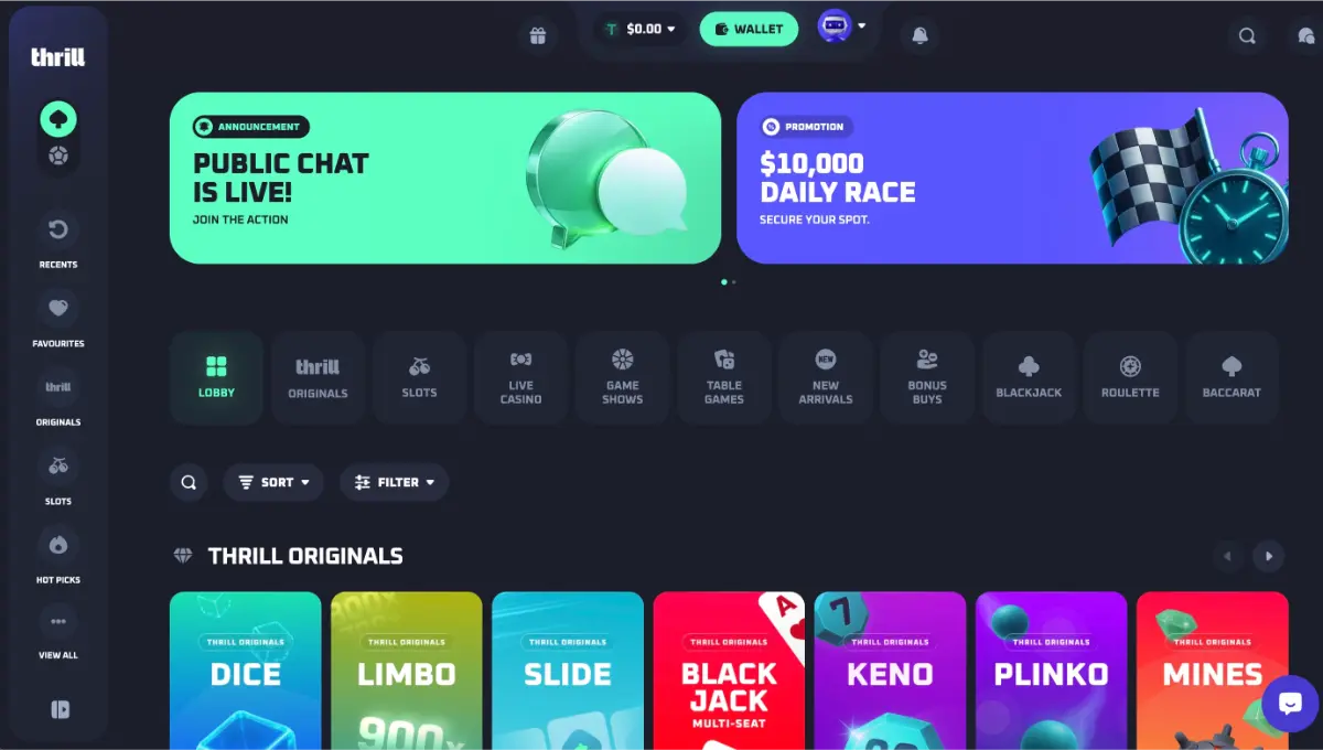 thrill casino interface 2026