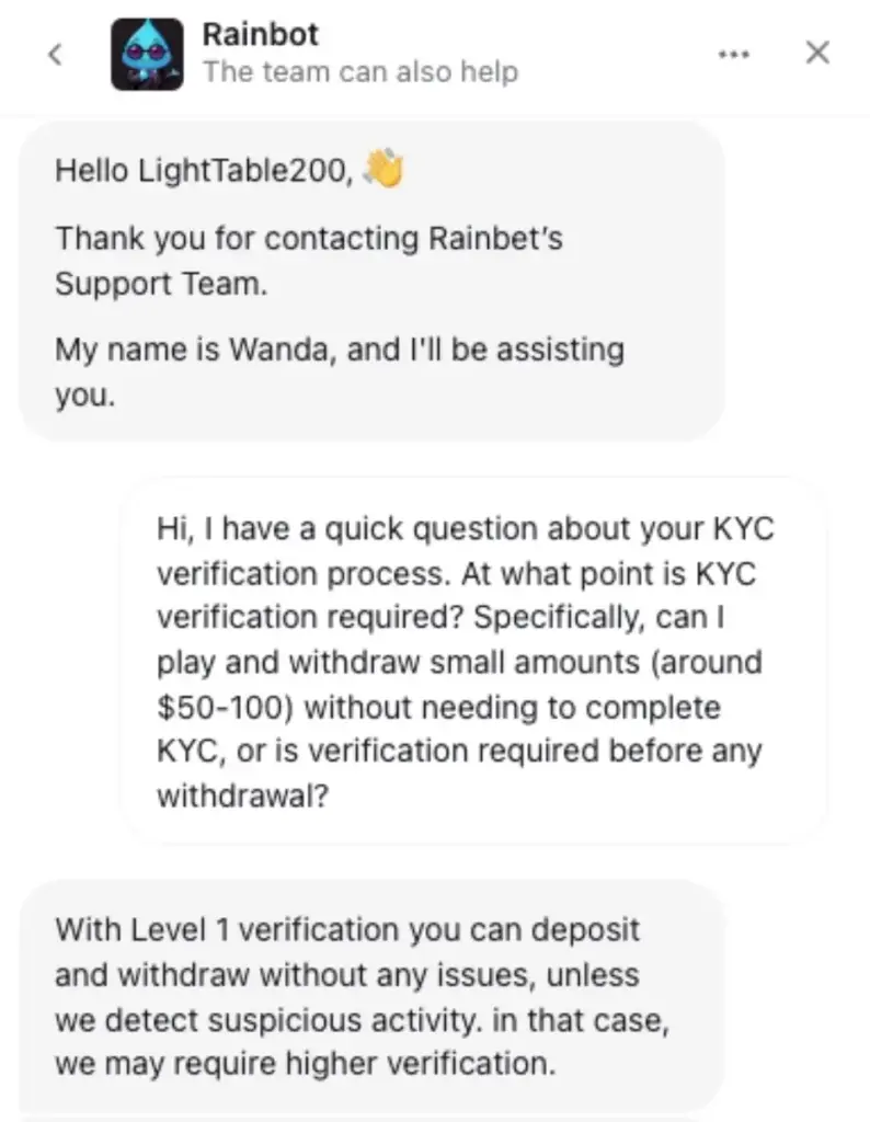 Rainbet live chat support