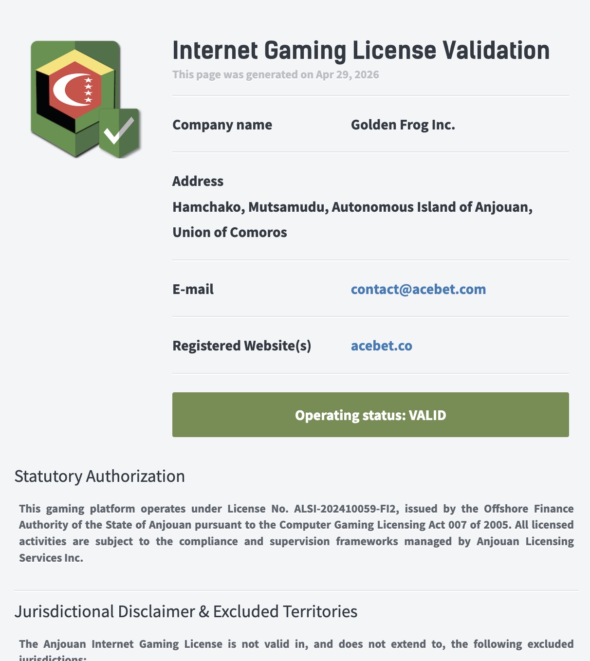 anjouan license acebet