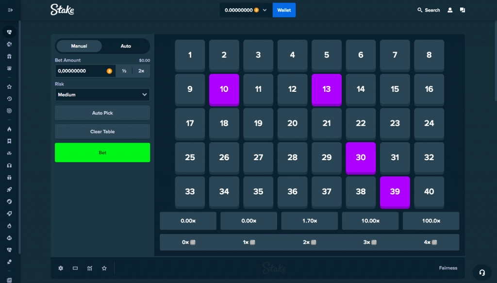 Stake Bitcoin Keno Game