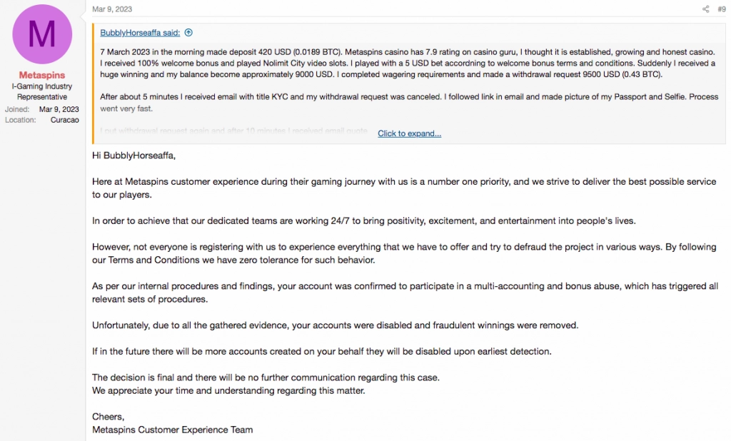 Metaspins Customer Support Reply