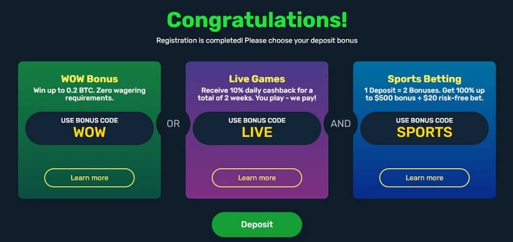 Winz.io offers three welcome deposit bonuses