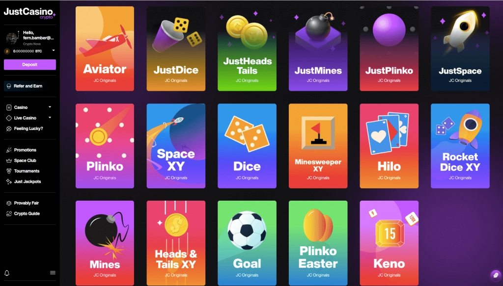 Justcasino provably fair games