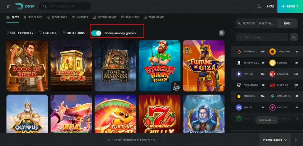 Drip Casino Bonus Money Games lobby
