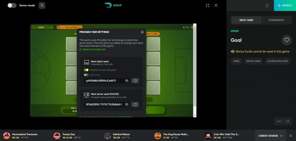 Drip Casino Provably Fair games