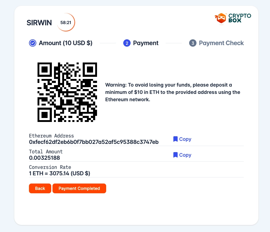 sirwin cryptobox deposit process
