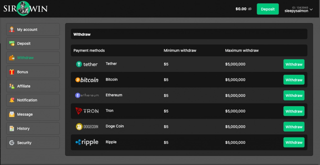 sirwin withdrawal limits