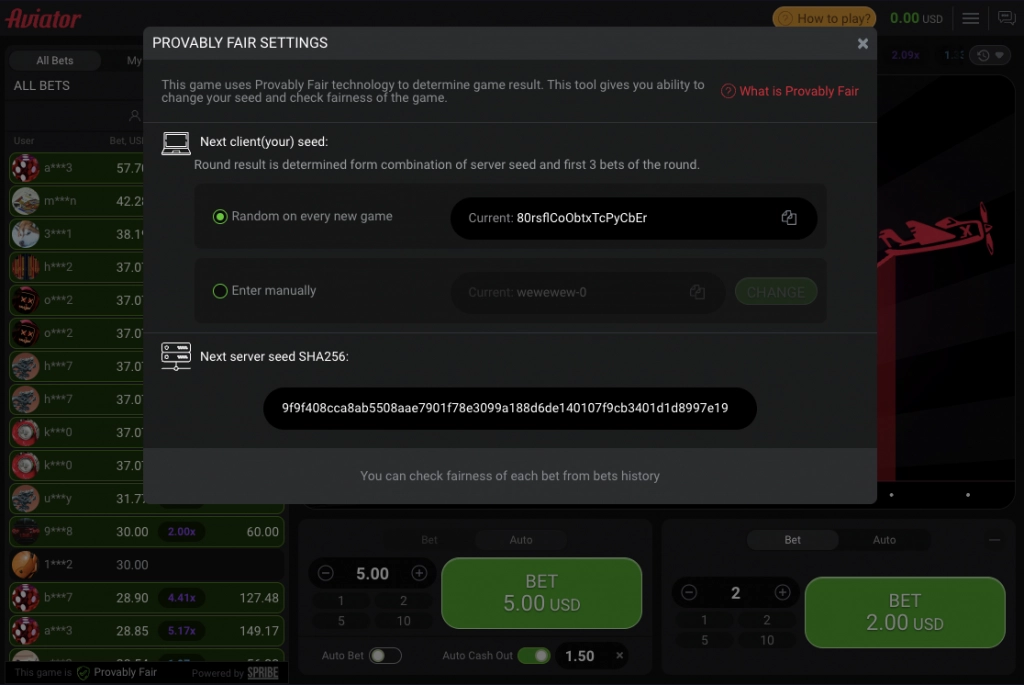 provably fair settings aviator